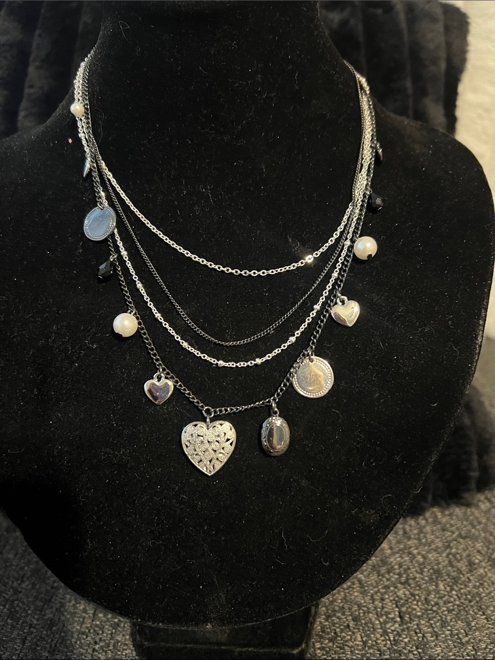Layered Silver Heart Charm Necklace - Women Jewelry